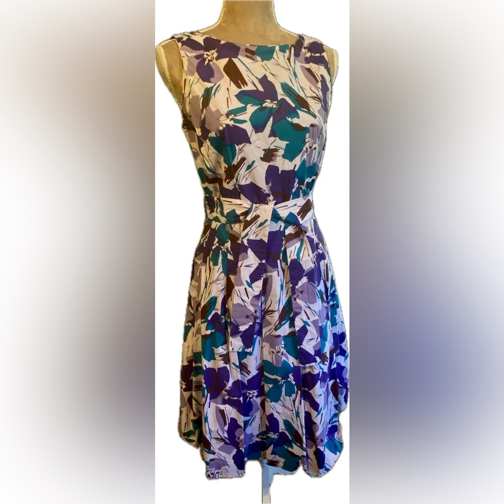 Carole Little Sleeveless Floral Midi Dress in Teal, Purple & Cream